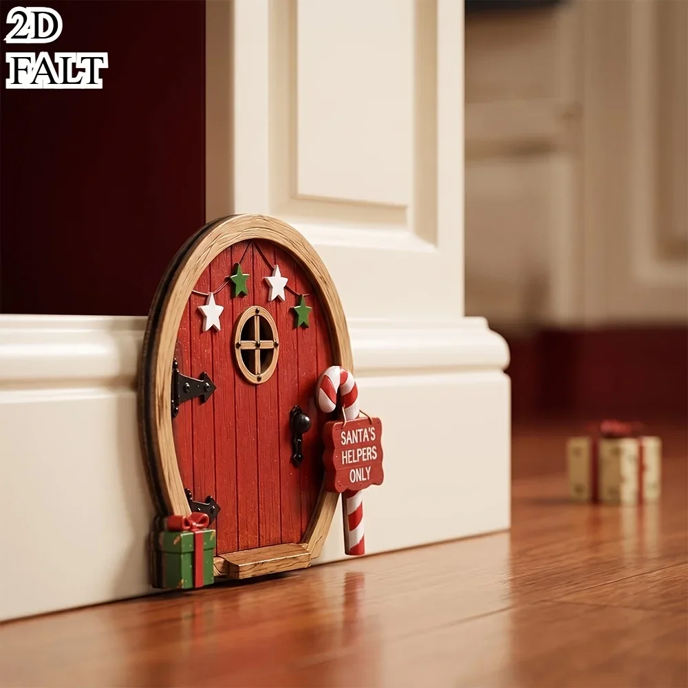 Country Christmas Elf Small Door,No-Drill Easy to Stick Aged Wooden House Baseboard Decor,Pointed Arch And Round Low Door Design