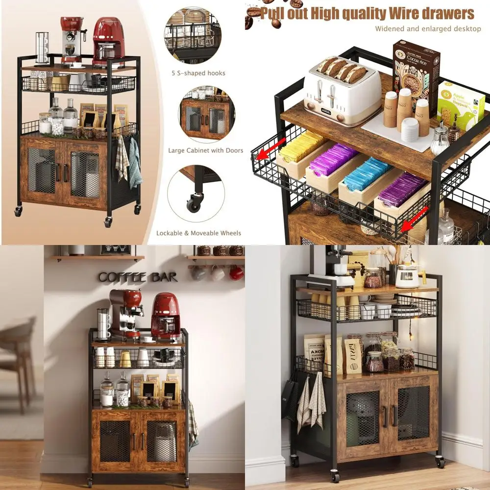 

3-Tier Rolling Coffee Station with Wire Basket and Hooks, Rustic Brown Kitchen Bar Cart