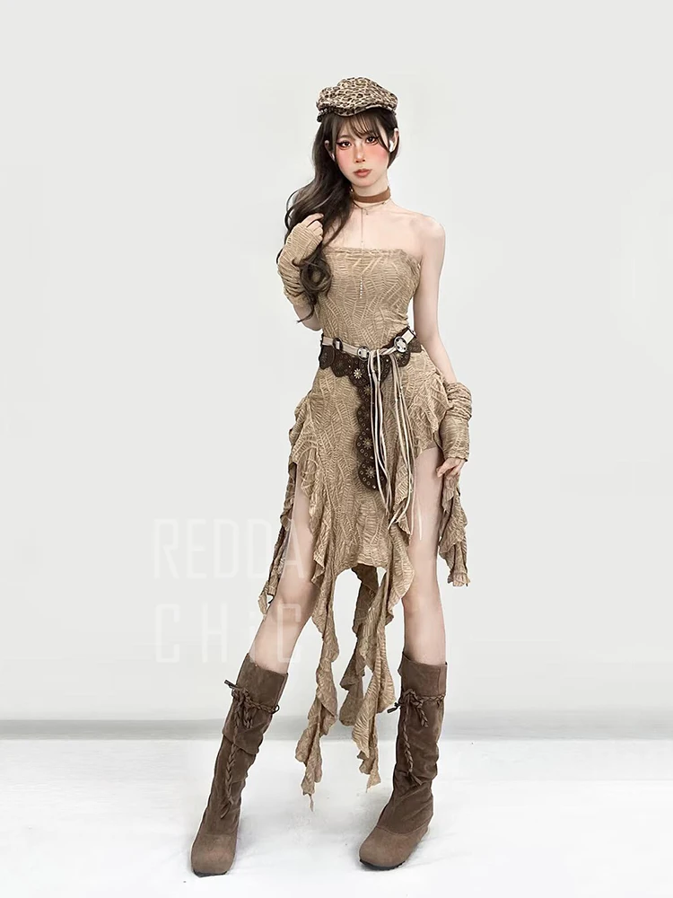 REDDACHiC Wheat Textured Tube Dress Arm Sleeves Women Set Wrinkle Irregular Ruffle Flowy Corset Mini Dress Western Retro Clothes