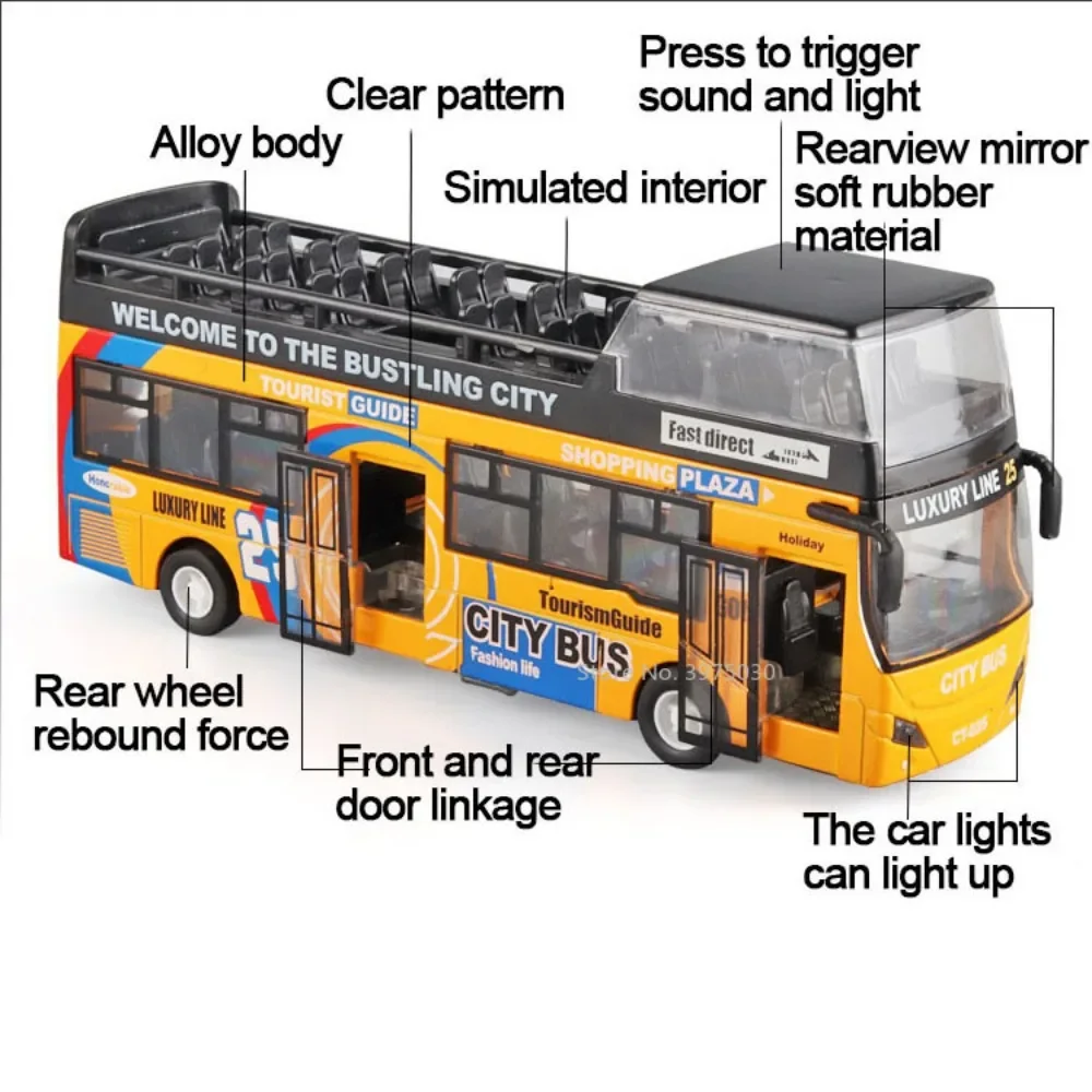 1:32 Scale Double Decker Sightseeing Bus Toy Alloy Diecast Car Model Simulation Sound and Light with Model Toys for Child Gifts