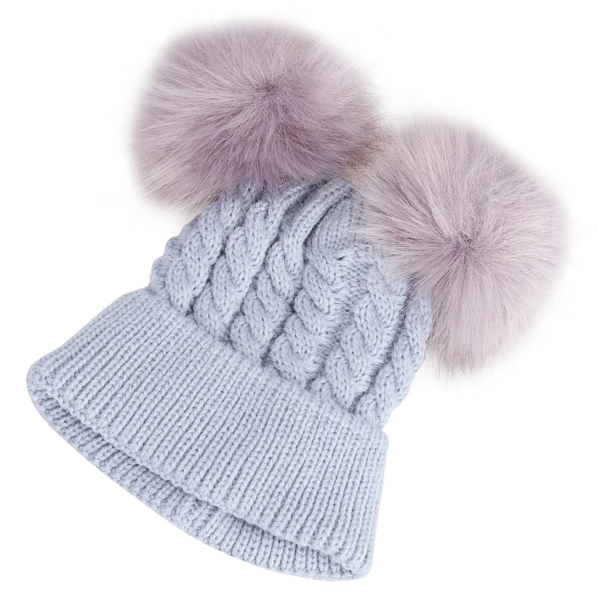 Cappello in maglia intrecciata grigia per bambini Doppio palla di pelo Berretto invernale in maglia calda per bambini Cappello con palla di pelo morbido e confortevole per cappelli a cuffia per bambini