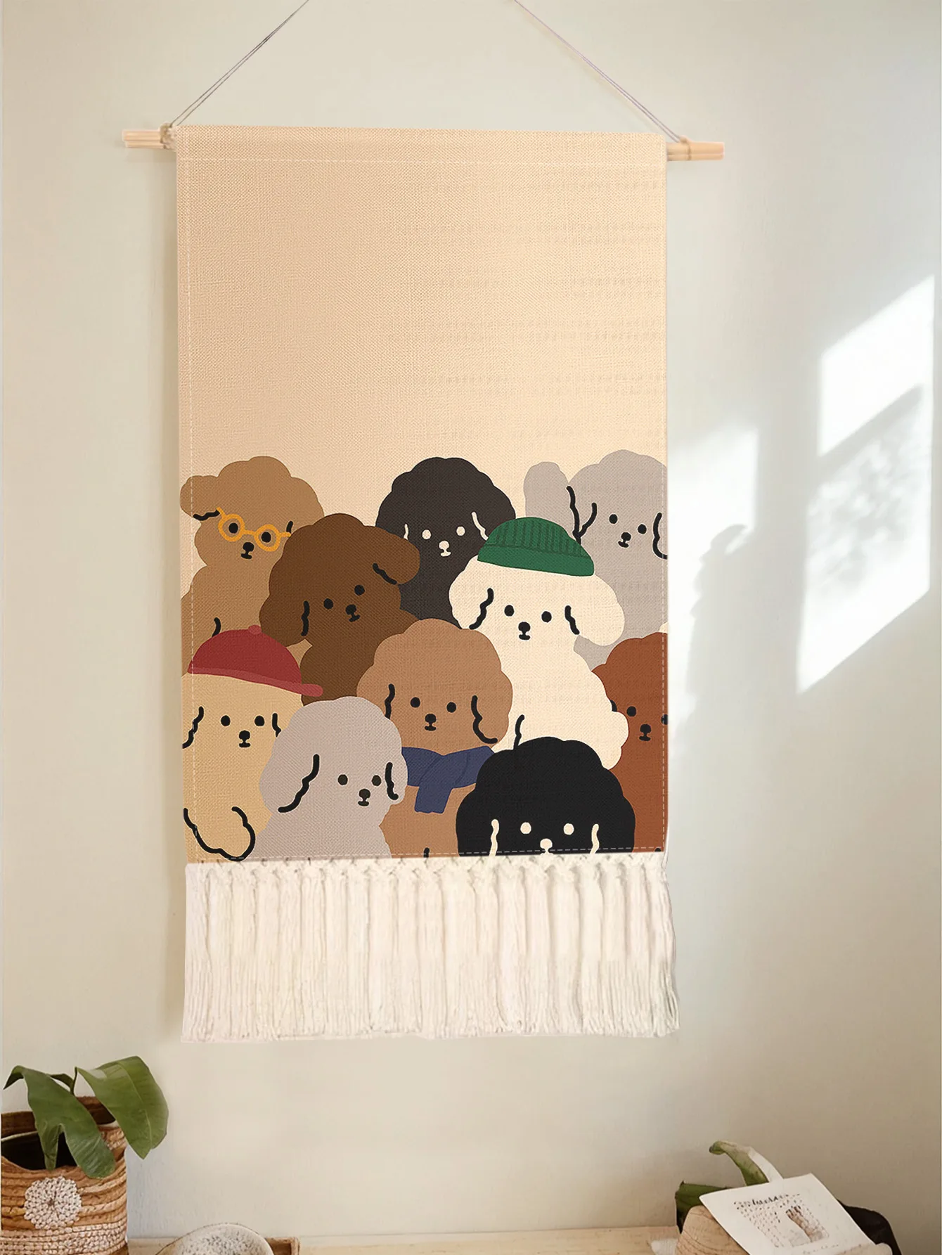 Cartoon Multi Puppy Group Print Tassel Wall Hanging Tapestry For Home Bedroom Wall Decor