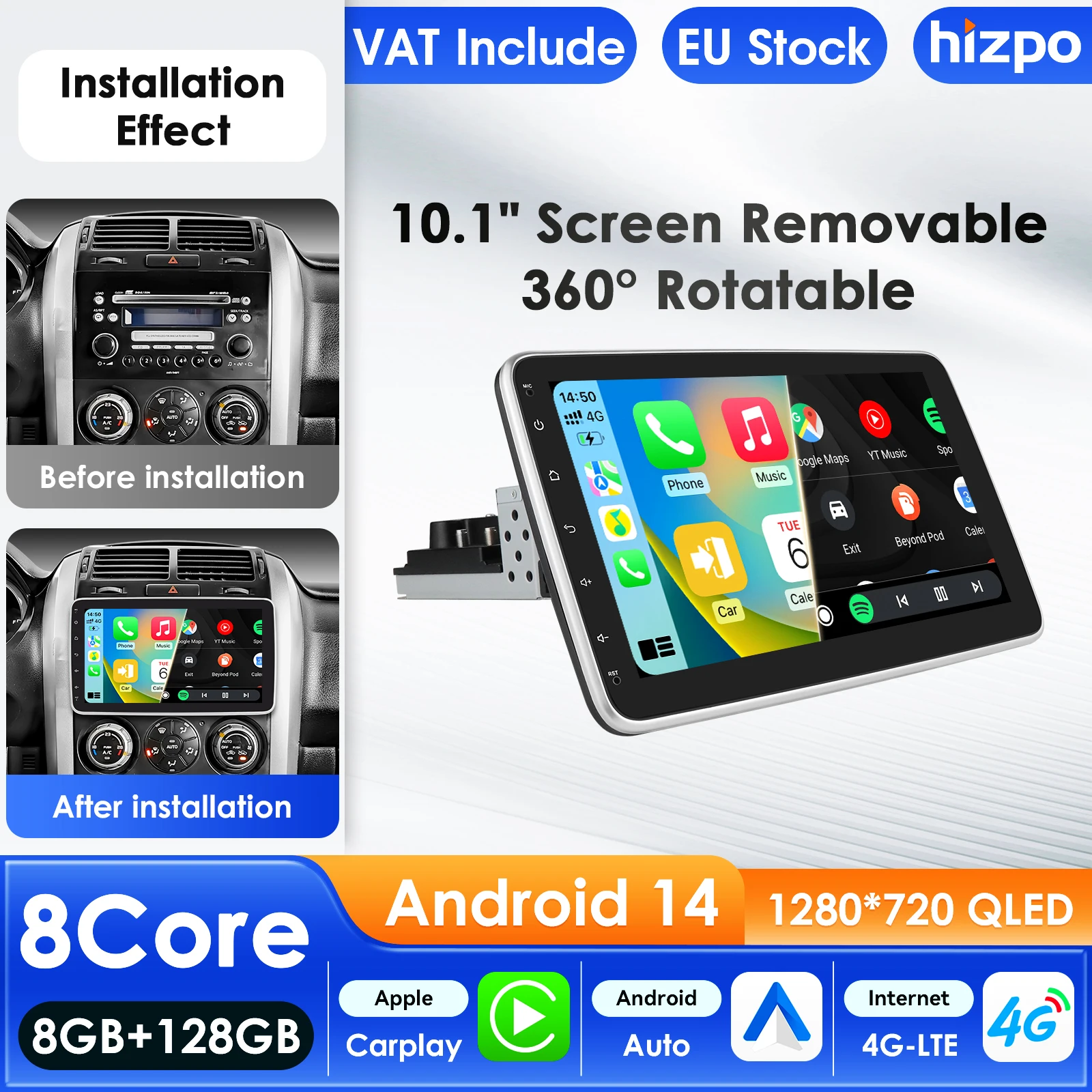 Hizpo Universal 1 Din Autoradio 360 drehbarer Bildschirm Audioplayer Multimedia CarPlay Android Auto GPS Bluetooth WIFI FM RDS AI