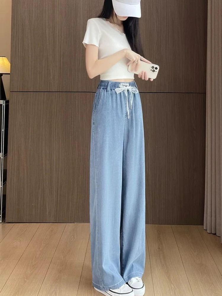 

Spring Summer 2026 Women's Casual Palazzo Jeans with Lace Tie Lightweight Draping Elastic Waist