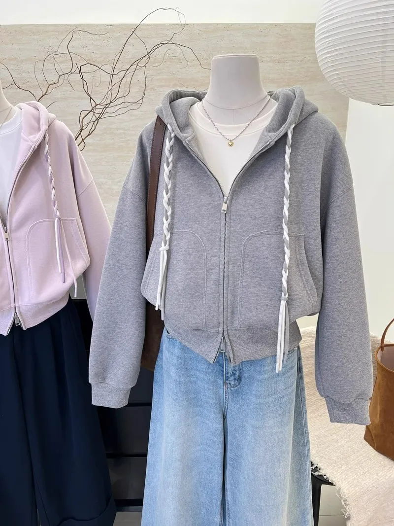 Braided Drawstring Cropped Zip Up Women's Hoodies Solid Color Long Sleeve Sweatshirt Spring Autumn Casual Jacket with Pockets