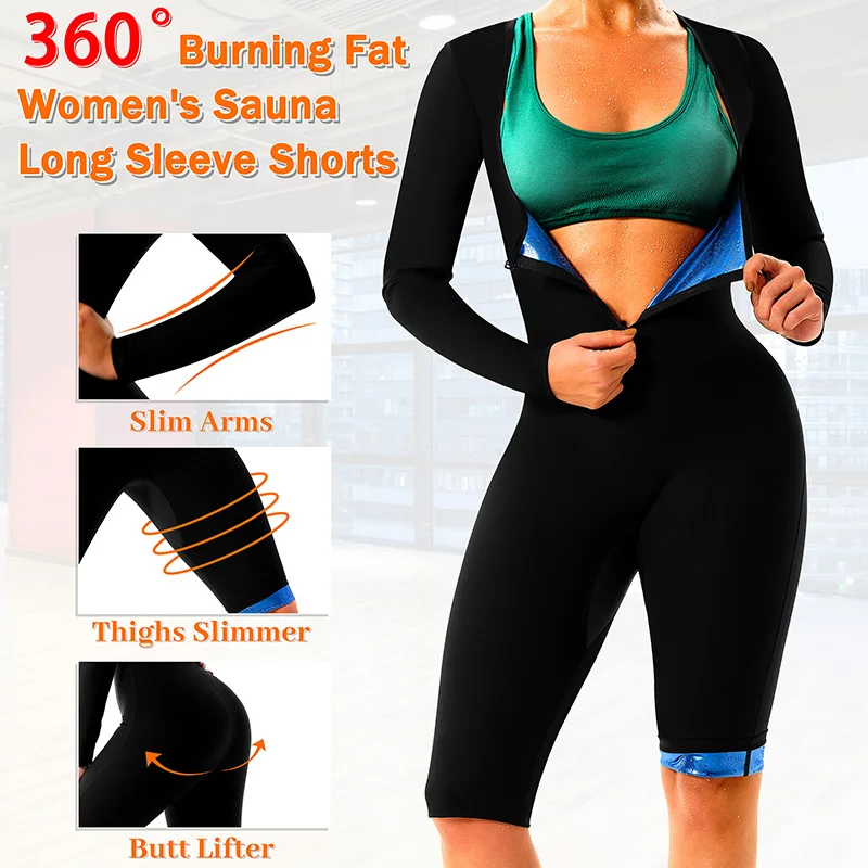 Women Sauna Sweat Suits Long Sleeve Shorts for Adult Weight Loss Full Body Shaper Compression Sets with Crotch Armpit Breathable