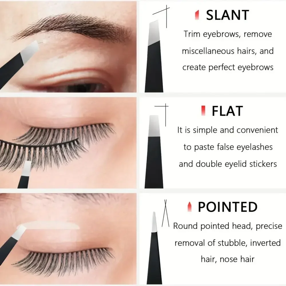 4PCS/Set Stainless Steel Slanted Tweezers Set With Storage Bag Portable Beard Tweezers Pointed Tip Eyelash Tweezers