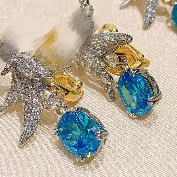 KQDANCE 925 Sterling Silver High Carbon Diamonds Lab Red Ruby Tanzanite Topaz Blue Gemstone Bird on Stone Earrings Fine Jewelry