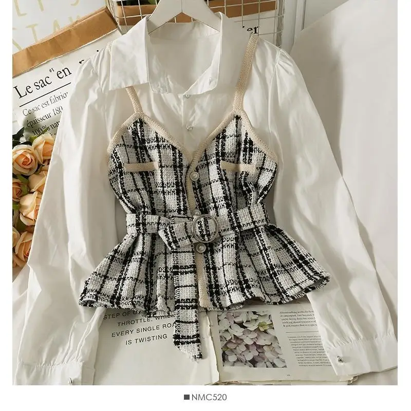 

Spring Autumn Korean Style Plaid Patchwork Shirt 2026 Female Fashion Design Slim-fit Blouses Tops Office Lady Elegant Clothing