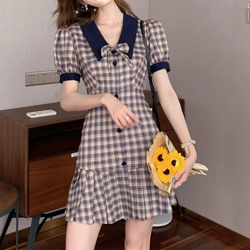 Vintage Plaid Printed French Style Casual Sweet Chic Bow Pleated Sexy Dresses for Women Summer Puff Short Sleeve Club Mini Dress