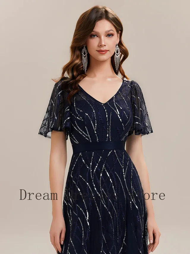 Customized Elegant Tulle Sash Sequined Pleat A-line V-neck Long Dresses Bespoke Occasion Dresses Sizes Available Retro Matching