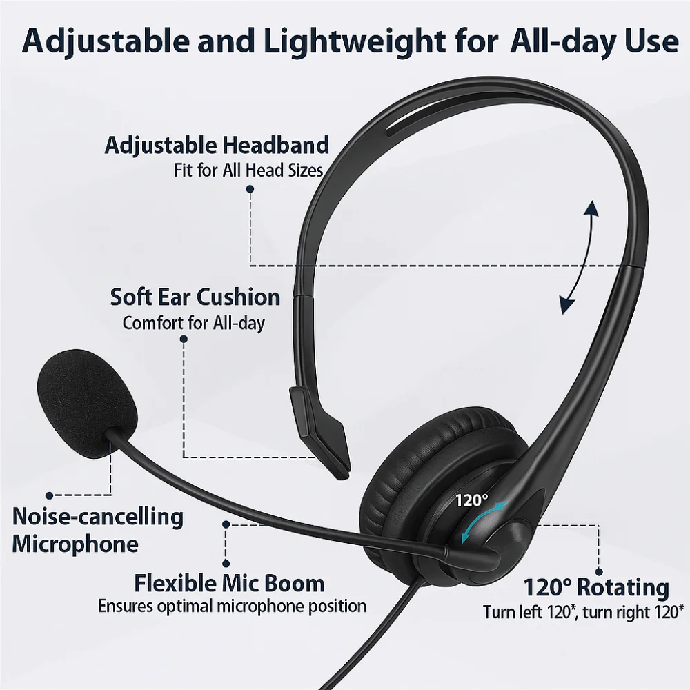 سماعة رأس بتصميم فوق الأذن، سماعة رأس لاسلكية بخاصية إلغاء الضوضاء، عصابة رأس قابلة للتعديل، اتصال في اتجاهين، خفيفة الوزن