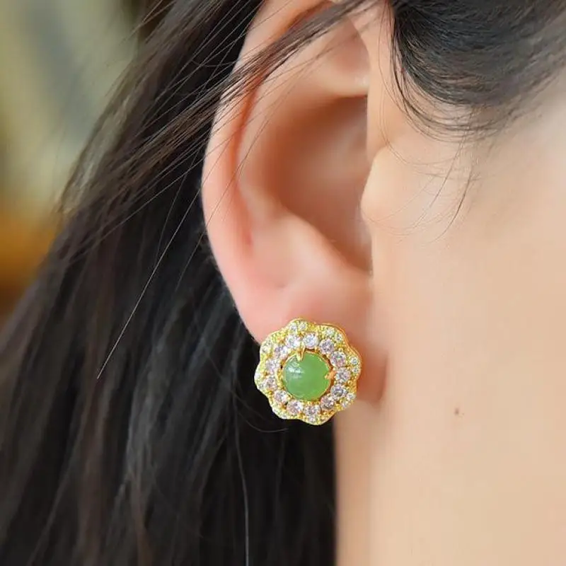 

Natural Nephrite Green Jade Earrings Women Healing Gemstone Fine Jewelry Genuine Chinese Hetian Jade Flower Stud Earrings