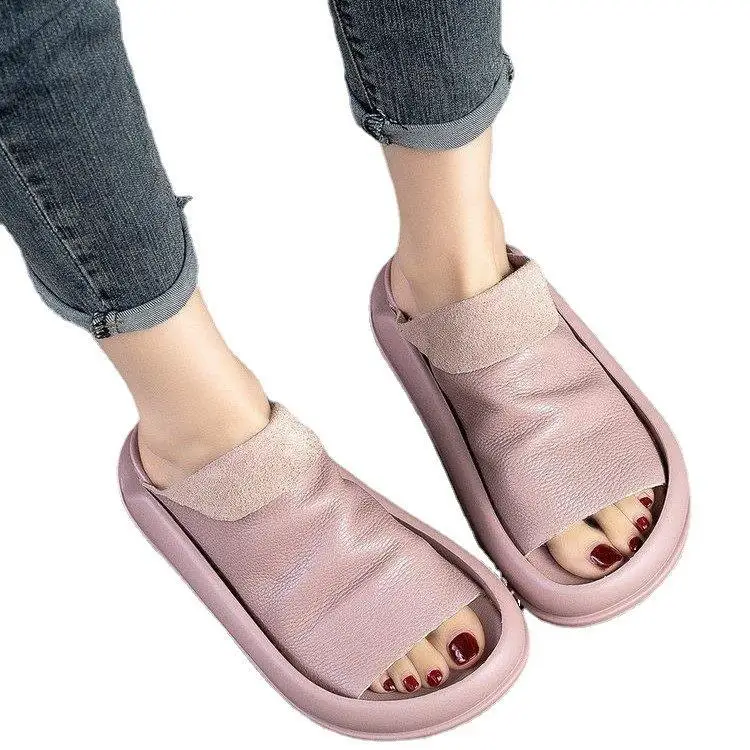 Shoes Woman 2023 Low Female Slippers Platform New Summer Rubber Soft Flat Genuine Leather Microfiber Slides Scandals Basic Casua