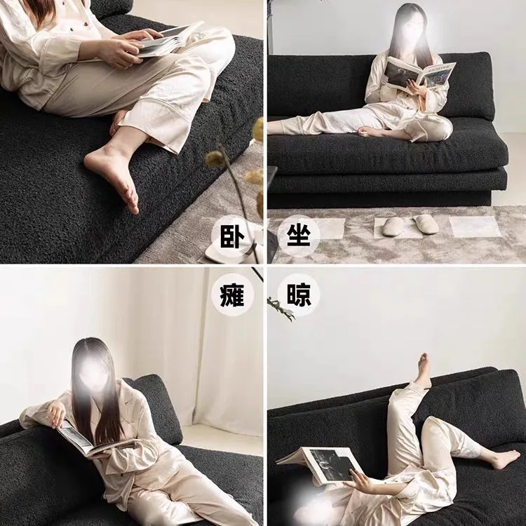 Straight row three-person double single sofa without armrests retro black lamb wool