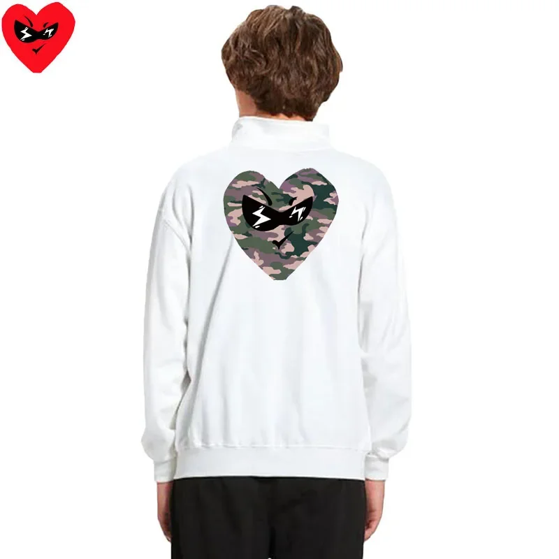 Break Egg Men Jacket Cool Red Glasses Heart Embroidery Colorful Heart Print Cotton Lapel Zipper Pocket Fleece Fit Autumn Hoodie