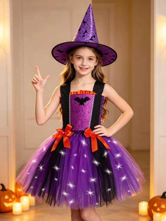 Girl Sequin Bat LED Fashion Layer Mesh Tutu Dress Bow Decoration With Witch Hat Set Kid Halloween Party Stage Performance Outfit