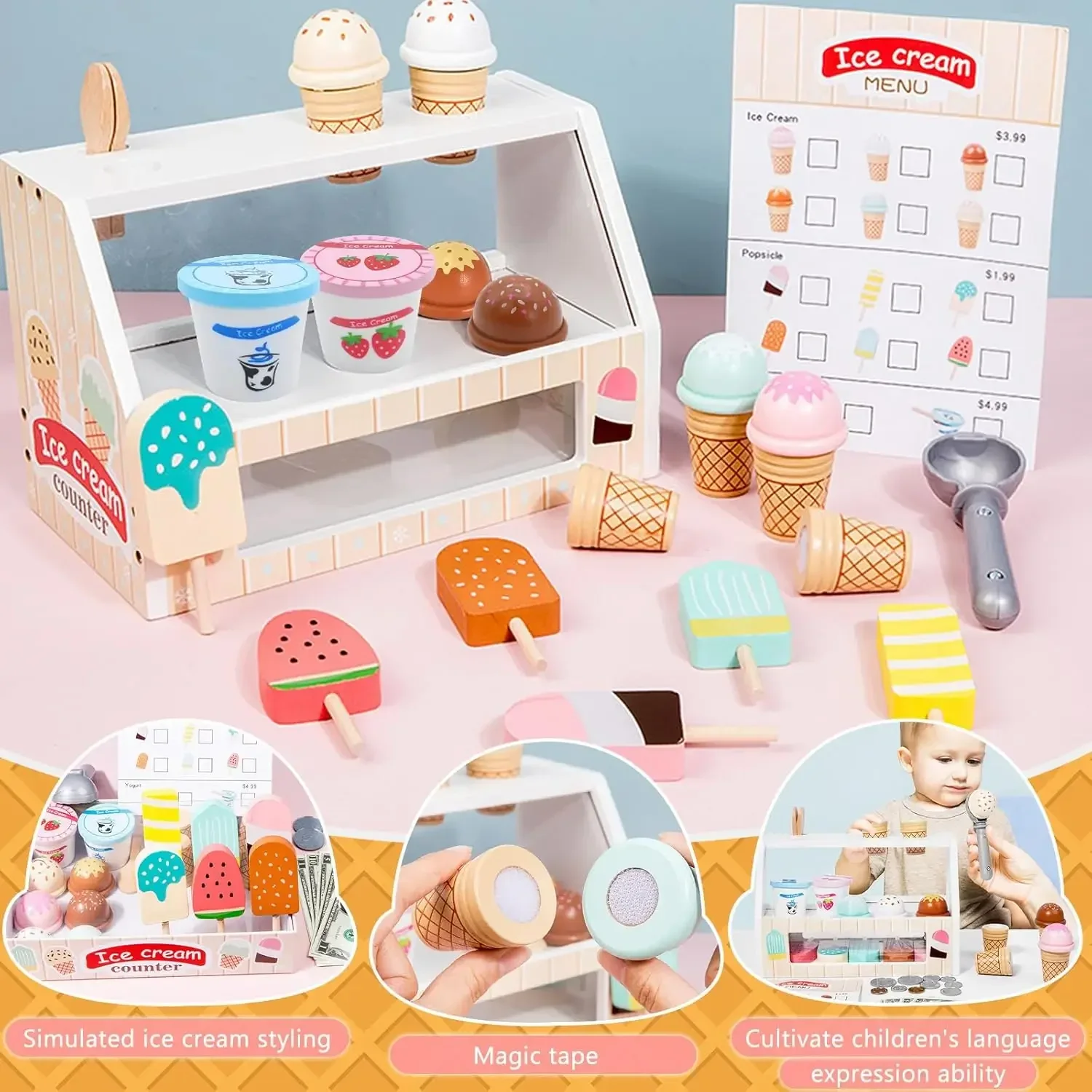 Set da gioco per contatore di gelato per bambini Montessori Fai finta di giocare con giocattoli alimentari Accessori da cucina con moneta Gioco di ruolo per bambini Ragazze Ragazzi