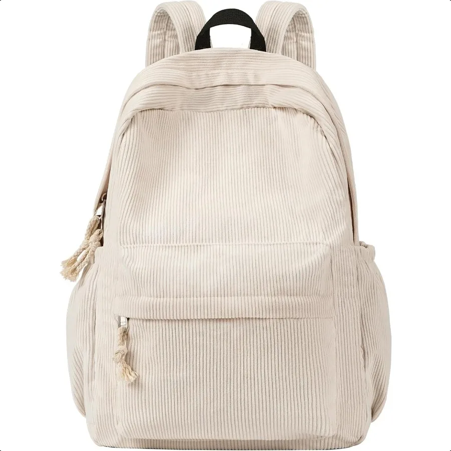 

School Backpack for Teens Girls Corduroy Bookbag with 6X Cute Pin Accories Lightweight High School College Laptop Bags for Wome