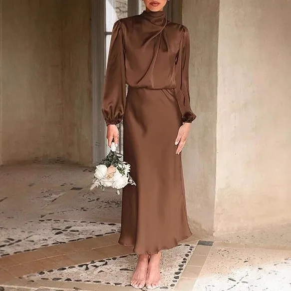 Women's Elegant Satin Long Lantern Sleeve High Waist Pleated Midi Pencil Dress for Wedding Guest Party Prom Wedding Party