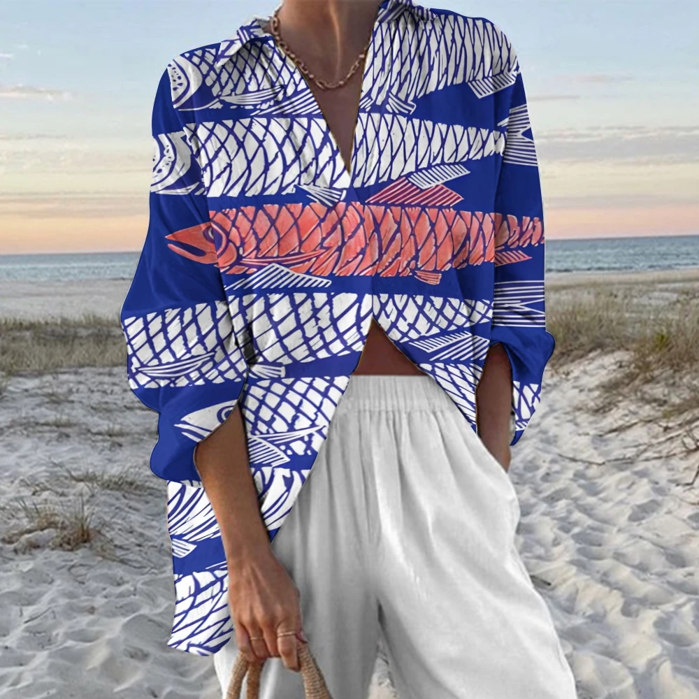 Vintage Casual High Quality Shirt & Trousers Set Sardines Printed Women's Cotton Two-piece Set New Beachwear