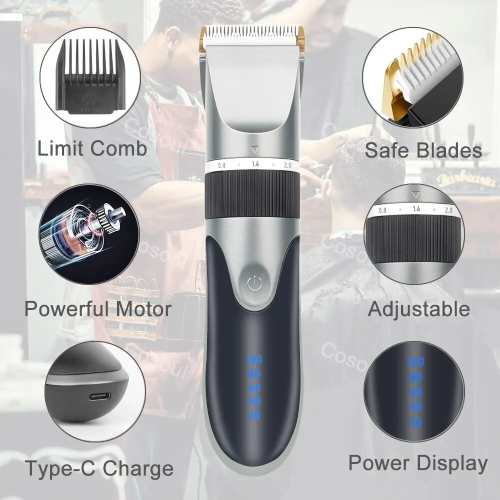 Profissional Cordless Electric Hair Clipper para homens, aparadores de cabelo barbeiro para adultos e crianças, máquina recarregável cortador de cabelo