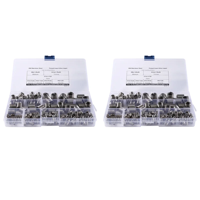 AT44-2 Sets 200Pcs Thread Insert Wire Insert Kit M3-M6/M8 M10 M12 Stainless Steel 304 Screw Socket Thread Repair Kit