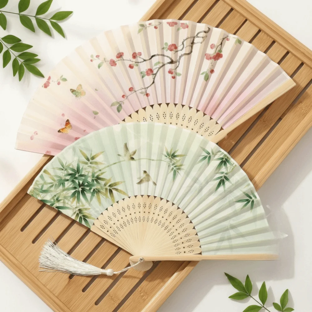 Bamboo Chinese Japanese Folding Fan Tassel Elegent Female Fan Handmade Shank Classical Dance Fan Vintage Style Floral Print