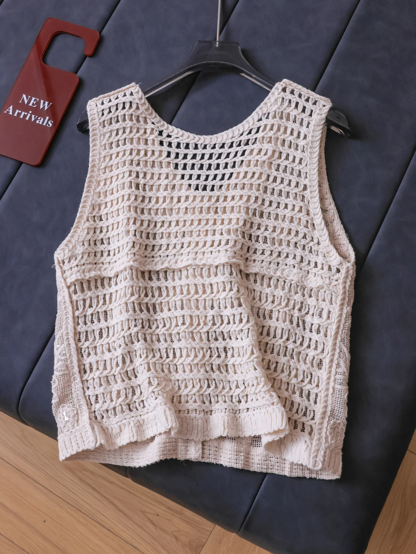 Heavy Embellished Lace Knitted Open Cardigan Sleeveless Vest Women's Versatile round Neck Outerwear Summer Bright Thread T177