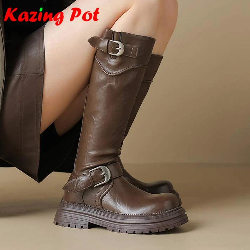 Microfiber Round Toe Modern Riding Boots Dating Winter Shoes Thick Heels Platform Nightclub Belt Buckle Women Knee-high Boots