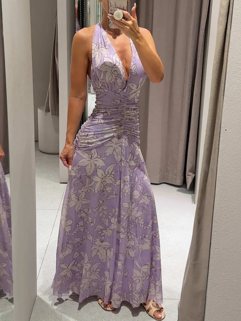 

Holiday Sexy Chic Women Dress Flower Print Halter Sleeveless Backless Lace Long Vestidos New Fashion 2025 Autumn Dress