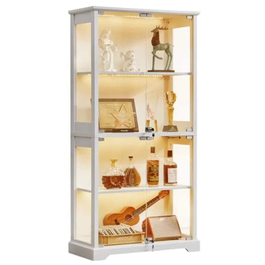 Farmhouse Glass Display Cabinet with Lock for living room, tempered glass and wood, white, secure locking mechanism