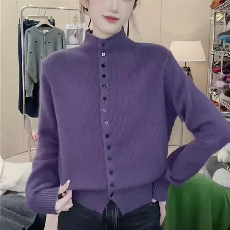 

Women's Clothing Korean Fashion Half High Collar Knit Cardigan Autumn 2025 New Elegant All-match Solid Button Sweaters Lady Tops
