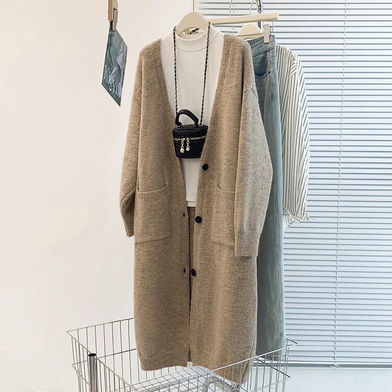 Slimming  Color Open Cardigan Sweater Light Weight mid Length Korean Style Fashionable Autumn Winter Outerwear Coat