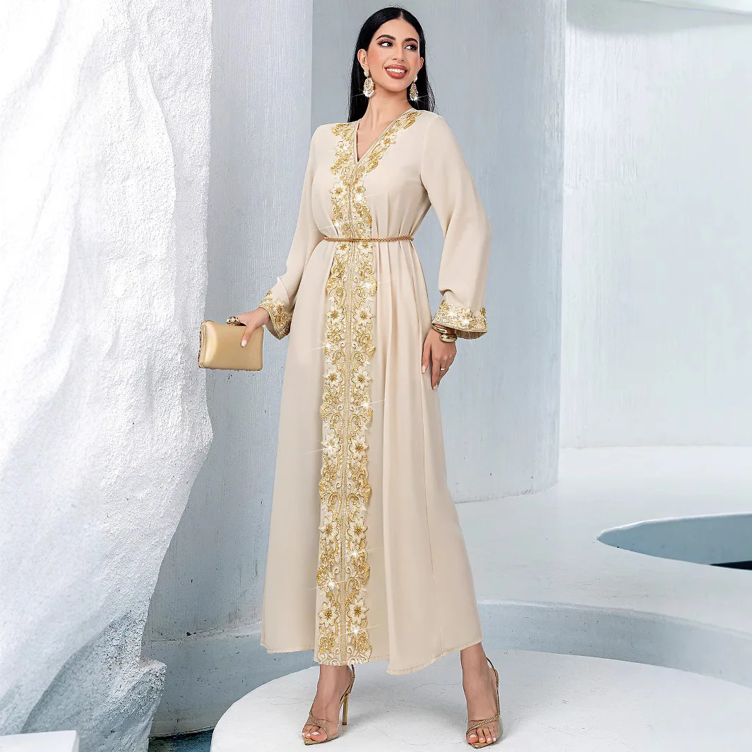 Ramadan New Apricot V-neck A-line Skirt Muslim Luxury Fashion Gold Lace Rice Bead Embroidery Lace Splicing Arab Long Dress