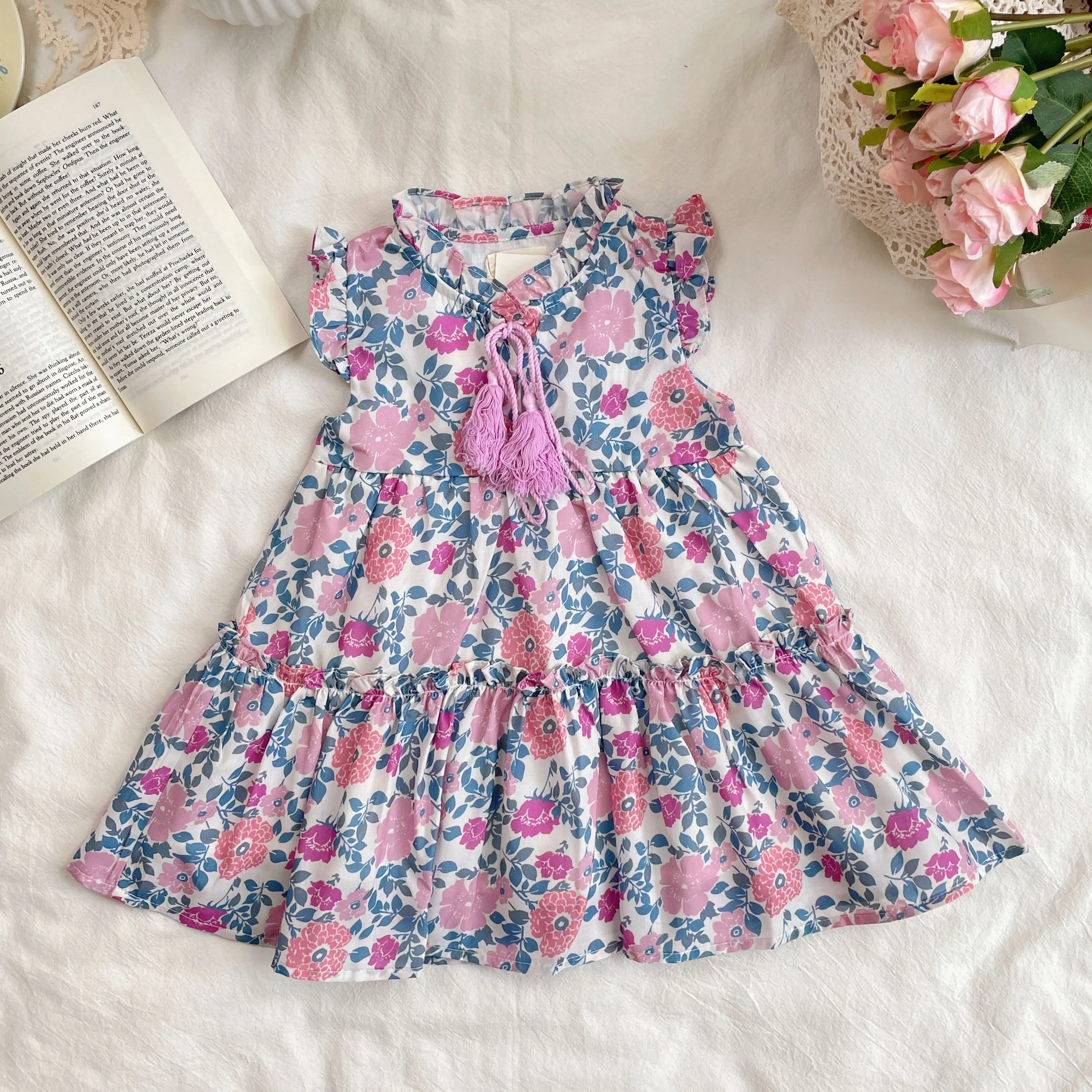 

In stock! 2024 Kids Summer Los Angeles pastoral style floral embroidery boutique dress for girls beach vacation one-piece dress