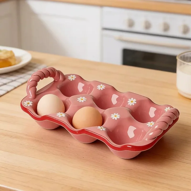 Pink ceramic egg tray with handles,snack plate,baking biscuit mold baking plate,kitchen breakfast egg storage cute decorations