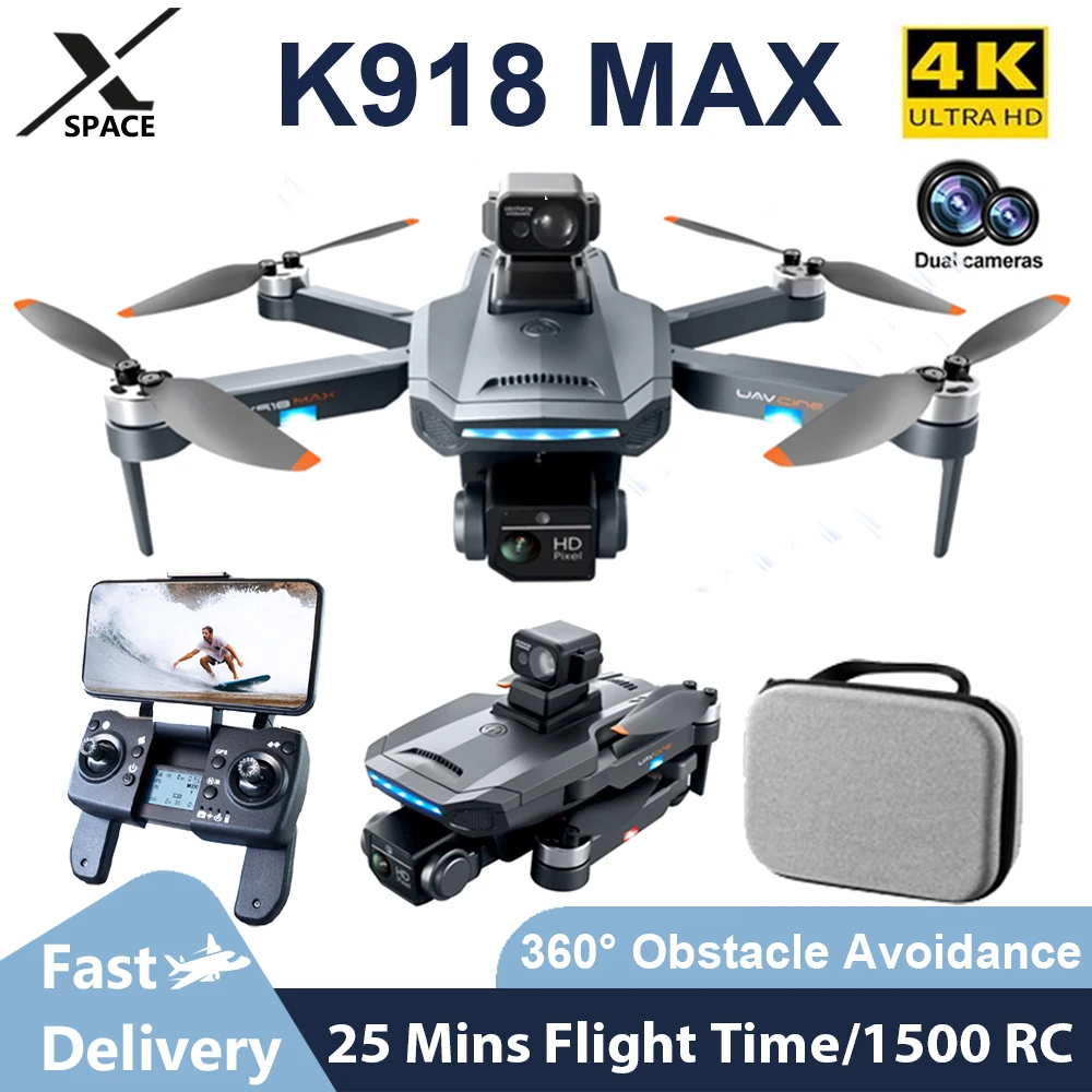 

Drone K918 MAX 4K HD Dual Camera GPS RC With Obstacle Avoidance Helicopter Profesional Brushless Dron RC 1200M Plane Kids Toys