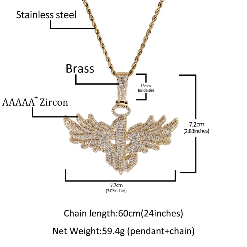 Hip Hop 5A+ CZ Stone Bling Ice Out Angel Wing Number 1 Pendants Necklace for Men Rapper Jewelry Gold Silver Color Drop Shipping view 3