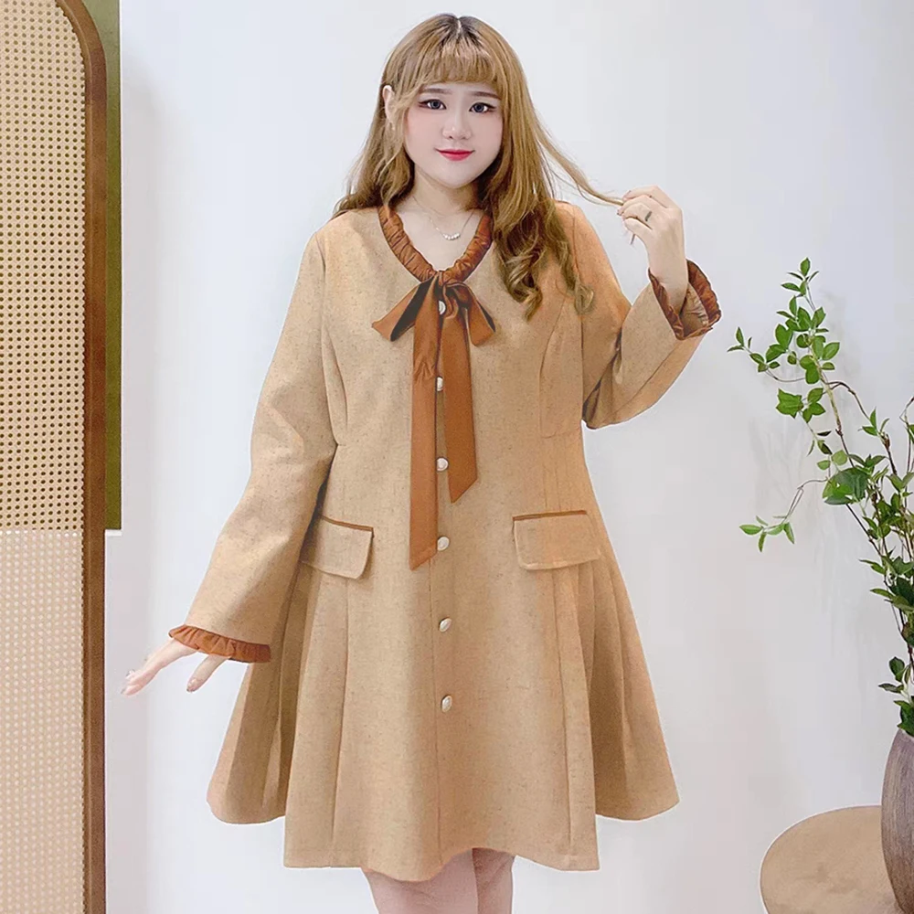 Spring and autumn new plus size women's casual loose mid-length dress long-sleeved V-neck Korean version of commuter dress large