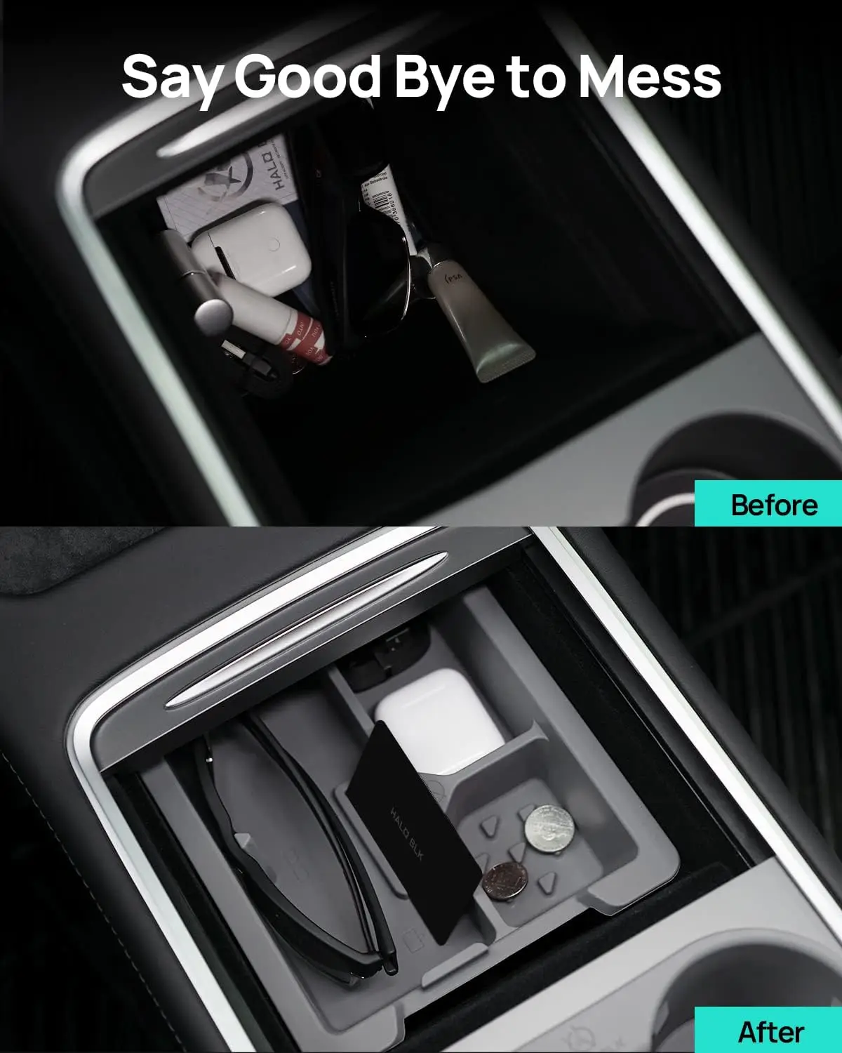 HALO BLK per Tesla Model Y 2021-2024 e modello 3 2021-2023 vassoio Organizer per Console centrale e inserto portabicchieri per Console centrale
