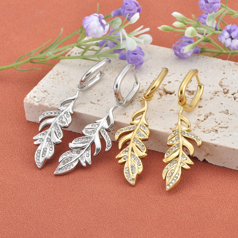 Lokaer Exquisite Edelstahl-Zirkon-Ohrringe in Blattform für Damen, wasserdicht, vergoldet, Modeschmuck, Geschenke, E26002