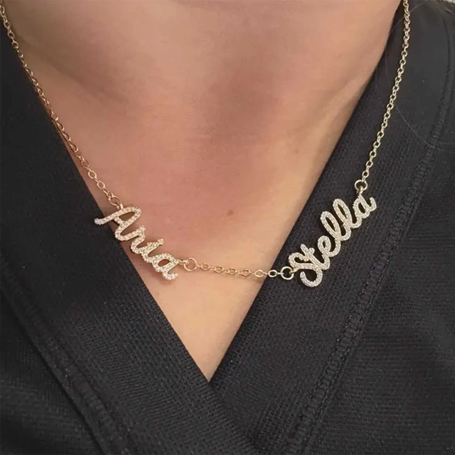 Qitian 3D Custom Multiple Name Moissanite Necklace Personalized Name Diamond Pendant 925 Sterling Silver Or Copper Jewelry Gift