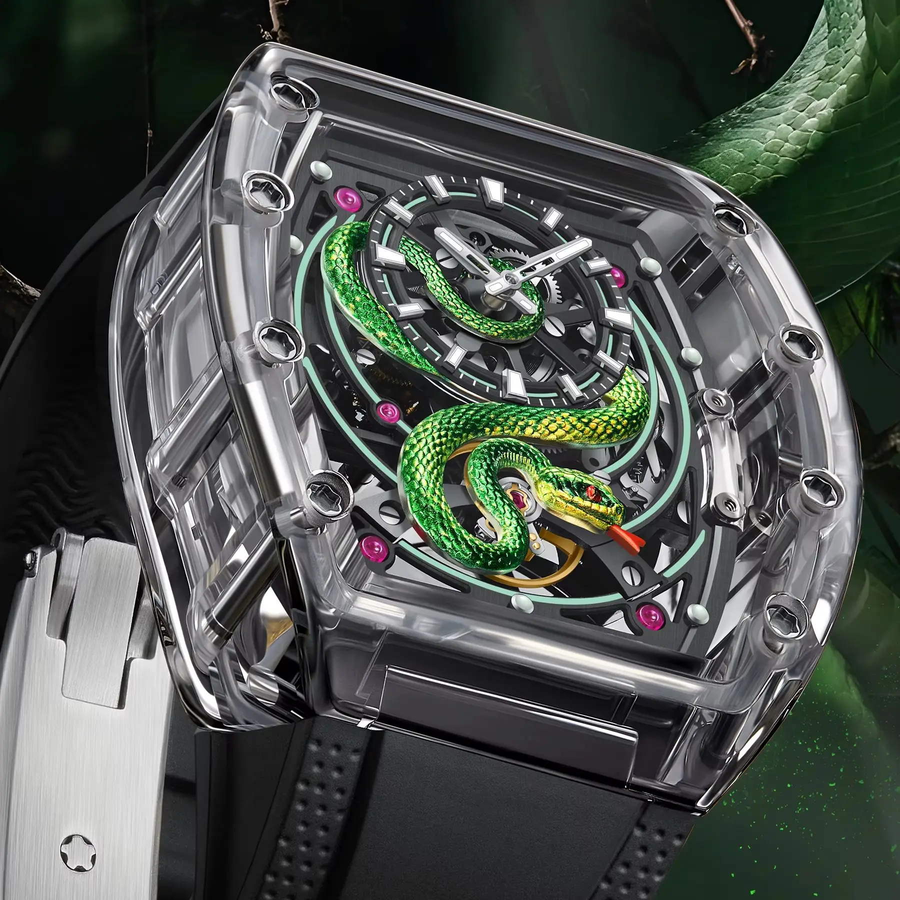 BONEST GATTI Мужские автоматические часы 50 мм Tonneau Механические наручные часы Акриловый корпус Водонепроницаемое сапфировое зеркало Светящийся змеиный циферблат