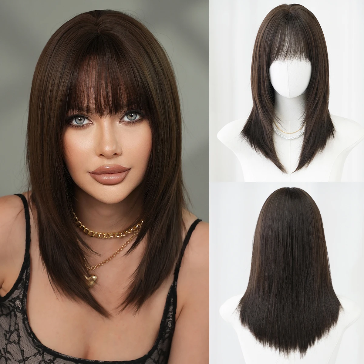 Shoulder Length Straight Mocha Brown Wig for Women Daily Use High Density Synthetic Modest Fashion Layered Wigs with Neat Bangs