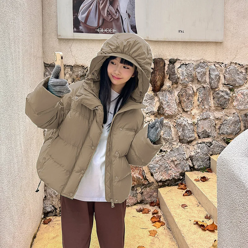 Winter New Korean Flower Bud Hat Down Jacket for Women Short Fit Loose Oversized Puffer Coat Thickened Cotton-Filled Outerwear