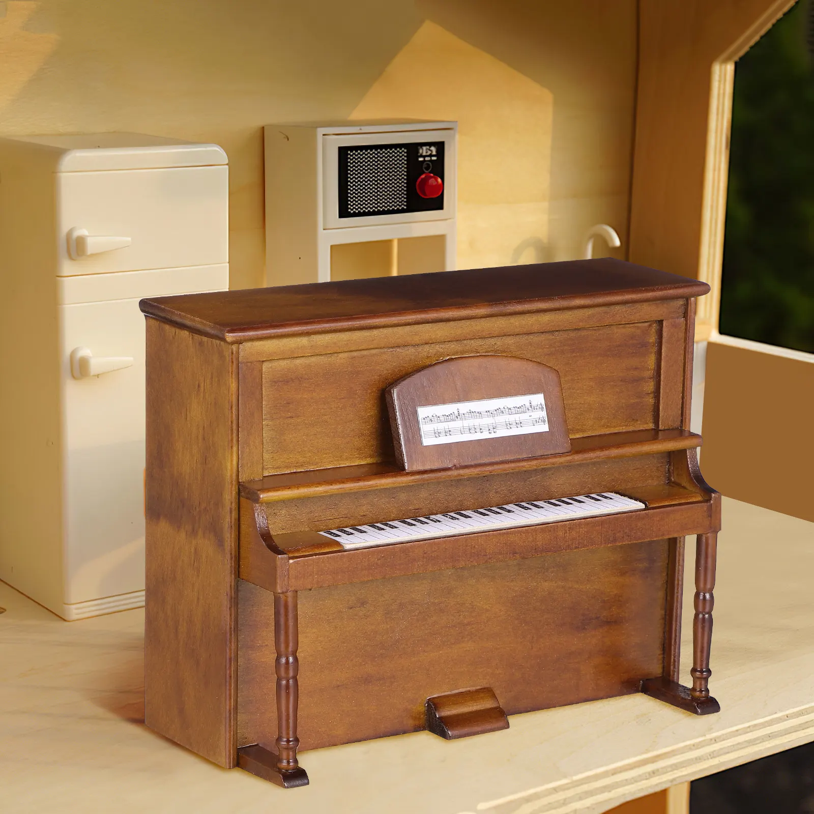 

1Set Realistic Mini Upright Piano and Stool Set for Dollhouse Interiors Wooden Mini House Furniture Decorative Accent Lifelike