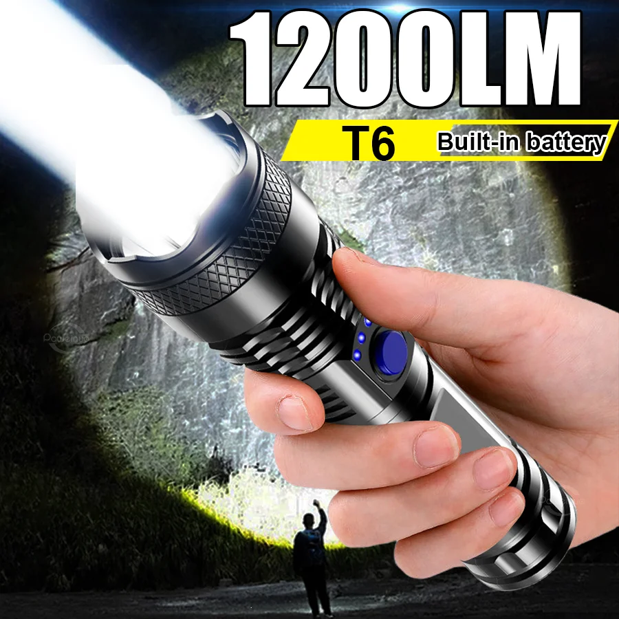 

2025 1200LM Супер большой фонарик перезаряжаемый T6 Самый мощный светодиодный фонарик дальнего действия Открытый рыбалка Охота Тактический фонарь