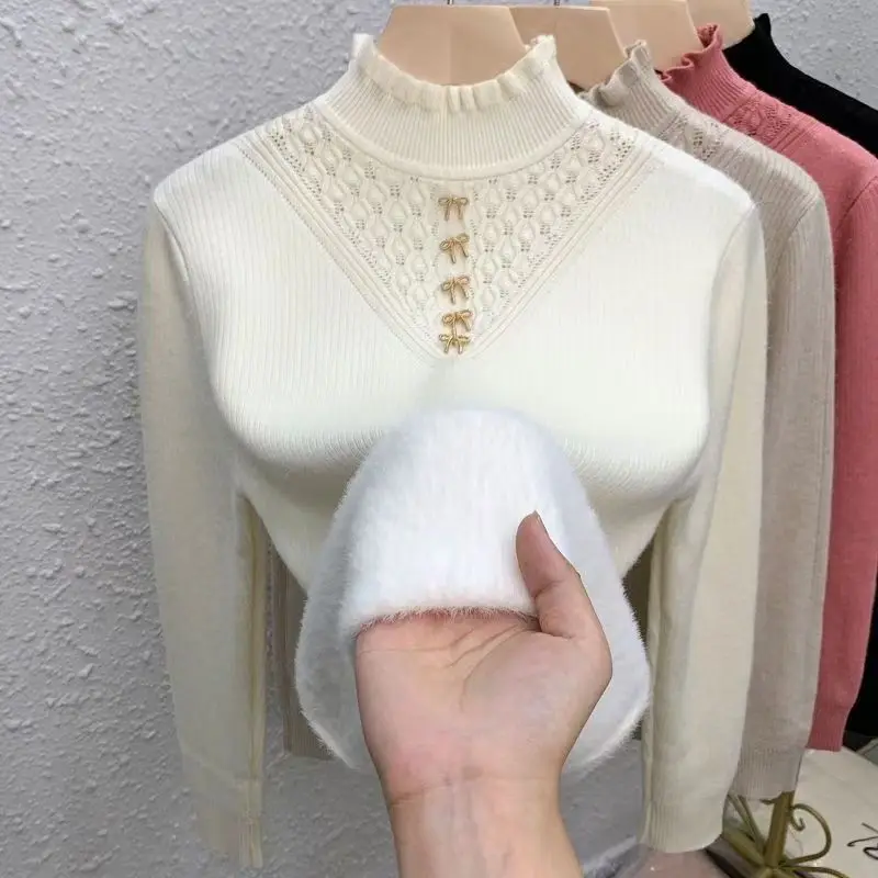 

Women's Casual Long Sleeved Knitted Bottom Sweater Thickened Knitted Pullover Soft Warm Half High Collar Trendy Top