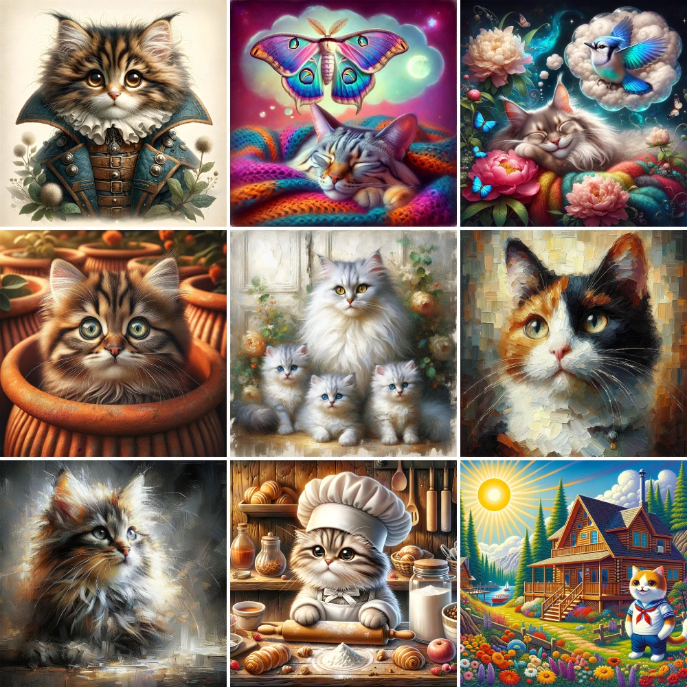 Animal Pet Cat Printed Fabric Cross-Stitch Complete Kit DIY Embroidery Hobby Handiwork Craft Painting Floss Home Decor Different